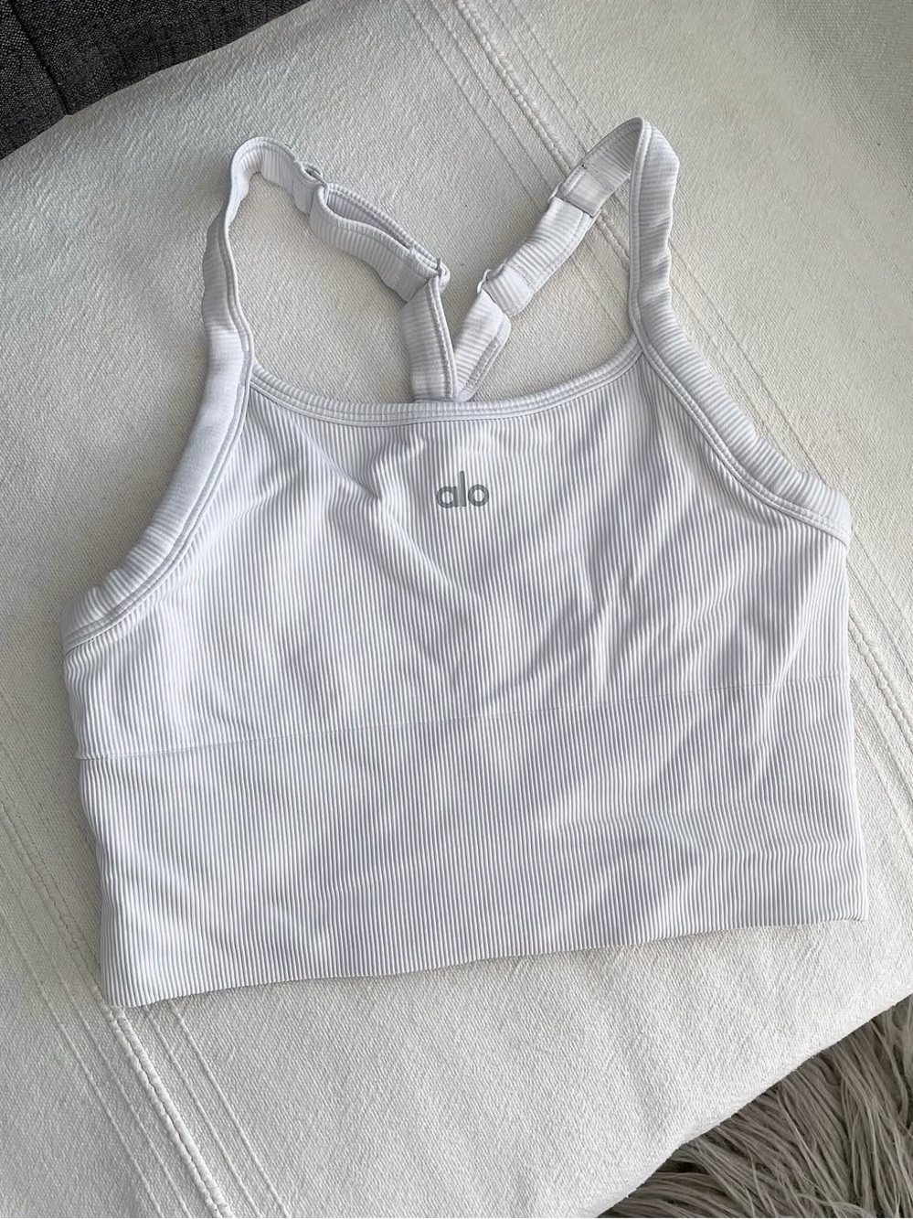 ALO Yoga White Ribbed Crossback Sports Bra
